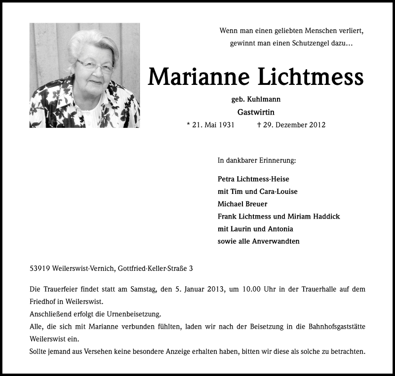  Traueranzeige für Marianne Lichtmess vom 02.01.2013 aus Kölner Stadt-Anzeiger / Kölnische Rundschau / Express