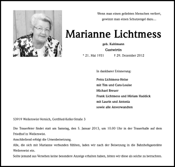 Anzeige von Marianne Lichtmess von Kölner Stadt-Anzeiger / Kölnische Rundschau / Express