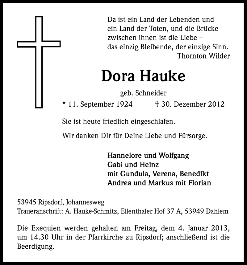  Traueranzeige für Dora Hauke vom 02.01.2013 aus Kölner Stadt-Anzeiger / Kölnische Rundschau / Express