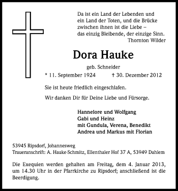 Anzeige von Dora Hauke von Kölner Stadt-Anzeiger / Kölnische Rundschau / Express