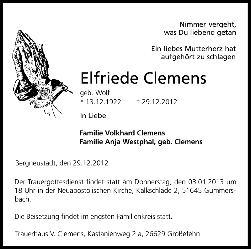  Traueranzeige für Elfriede Clemens vom 03.01.2013 aus Kölner Stadt-Anzeiger / Kölnische Rundschau / Express