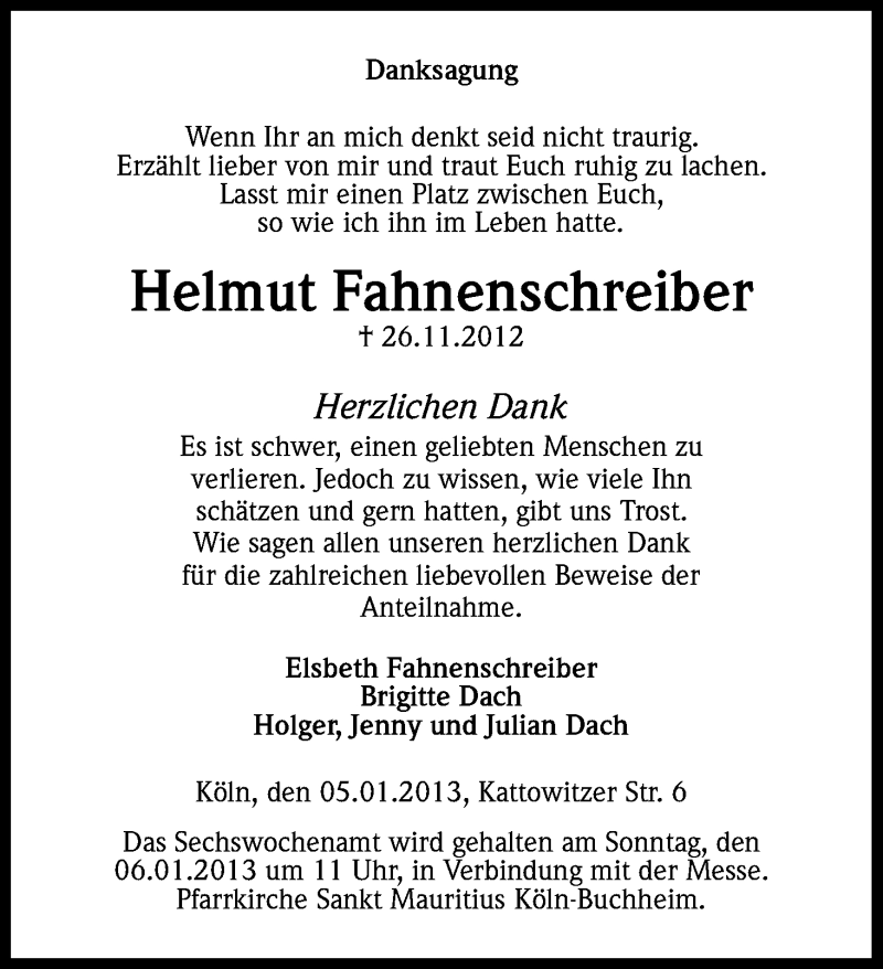  Traueranzeige für Helmut Fahnenschreiber vom 05.01.2013 aus Kölner Stadt-Anzeiger / Kölnische Rundschau / Express