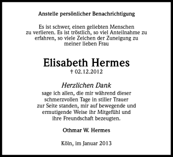 Anzeige von Elisabeth Hermes von Kölner Stadt-Anzeiger / Kölnische Rundschau / Express