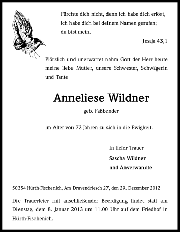 Anzeige von Anneliese Wildner von Kölner Stadt-Anzeiger / Kölnische Rundschau / Express