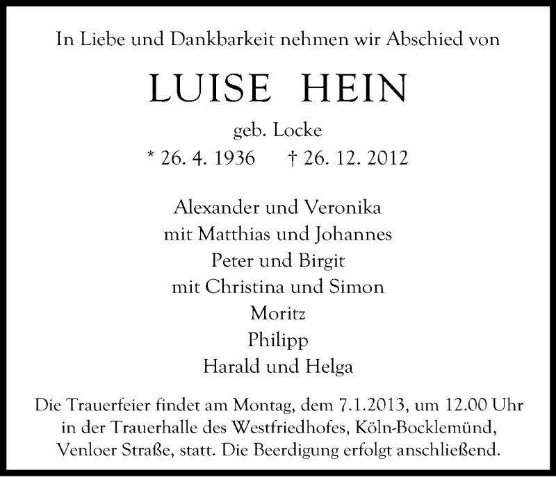  Traueranzeige für Luise Hein vom 04.01.2013 aus Kölner Stadt-Anzeiger / Kölnische Rundschau / Express