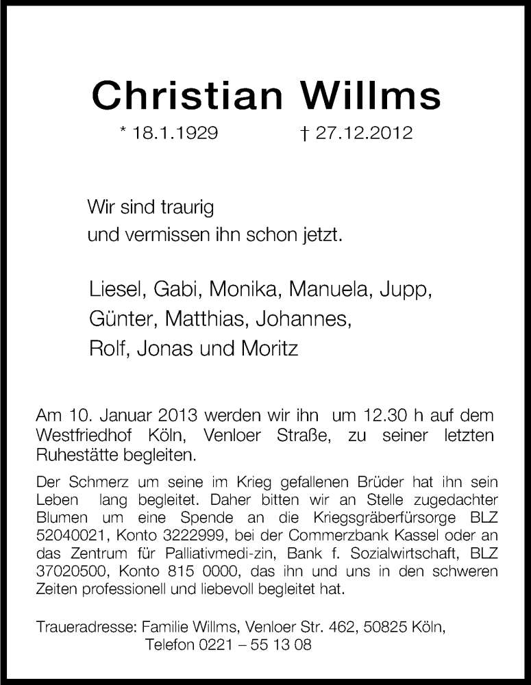  Traueranzeige für Christian Willms vom 05.01.2013 aus Kölner Stadt-Anzeiger / Kölnische Rundschau / Express