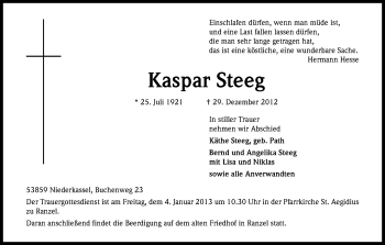 Anzeige von Kaspar Steeg von Kölner Stadt-Anzeiger / Kölnische Rundschau / Express