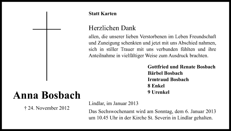  Traueranzeige für Anna Bosbach vom 03.01.2013 aus Kölner Stadt-Anzeiger / Kölnische Rundschau / Express