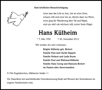 Anzeige von Hans Külheim von Kölner Stadt-Anzeiger / Kölnische Rundschau / Express