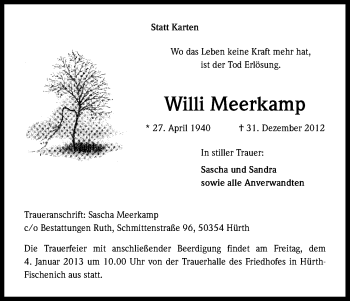 Anzeige von Willi Meerkamp von Kölner Stadt-Anzeiger / Kölnische Rundschau / Express