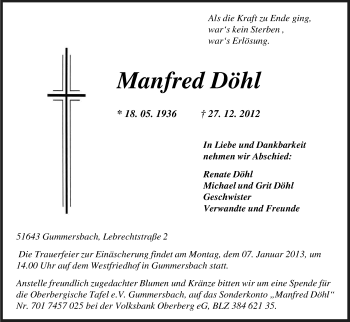 Anzeige von Manfred Döhl von Kölner Stadt-Anzeiger / Kölnische Rundschau / Express