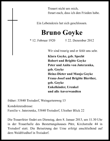 Anzeige von Bruno Goyke von Kölner Stadt-Anzeiger / Kölnische Rundschau / Express