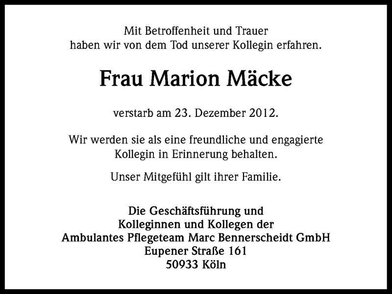 Traueranzeige für Marion Mäcke vom 05.01.2013 aus Kölner Stadt-Anzeiger / Kölnische Rundschau / Express
