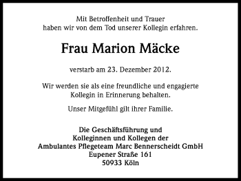 Anzeige von Marion Mäcke von Kölner Stadt-Anzeiger / Kölnische Rundschau / Express
