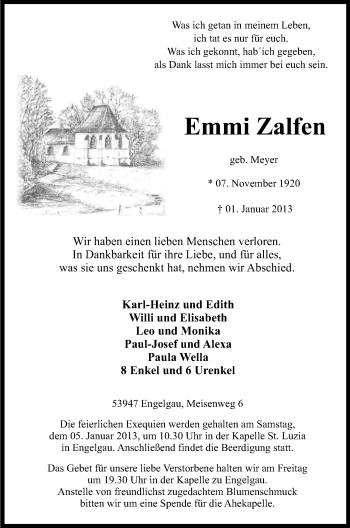 Anzeige von Emmi Zalfen von Kölner Stadt-Anzeiger / Kölnische Rundschau / Express