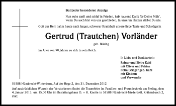 Anzeige von Gertrud Vorländer von Kölner Stadt-Anzeiger / Kölnische Rundschau / Express
