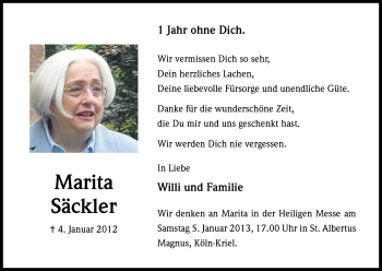 Anzeige von Marita Säckler von Kölner Stadt-Anzeiger / Kölnische Rundschau / Express