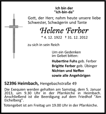 Anzeige von Helene Ferber von Kölner Stadt-Anzeiger / Kölnische Rundschau / Express