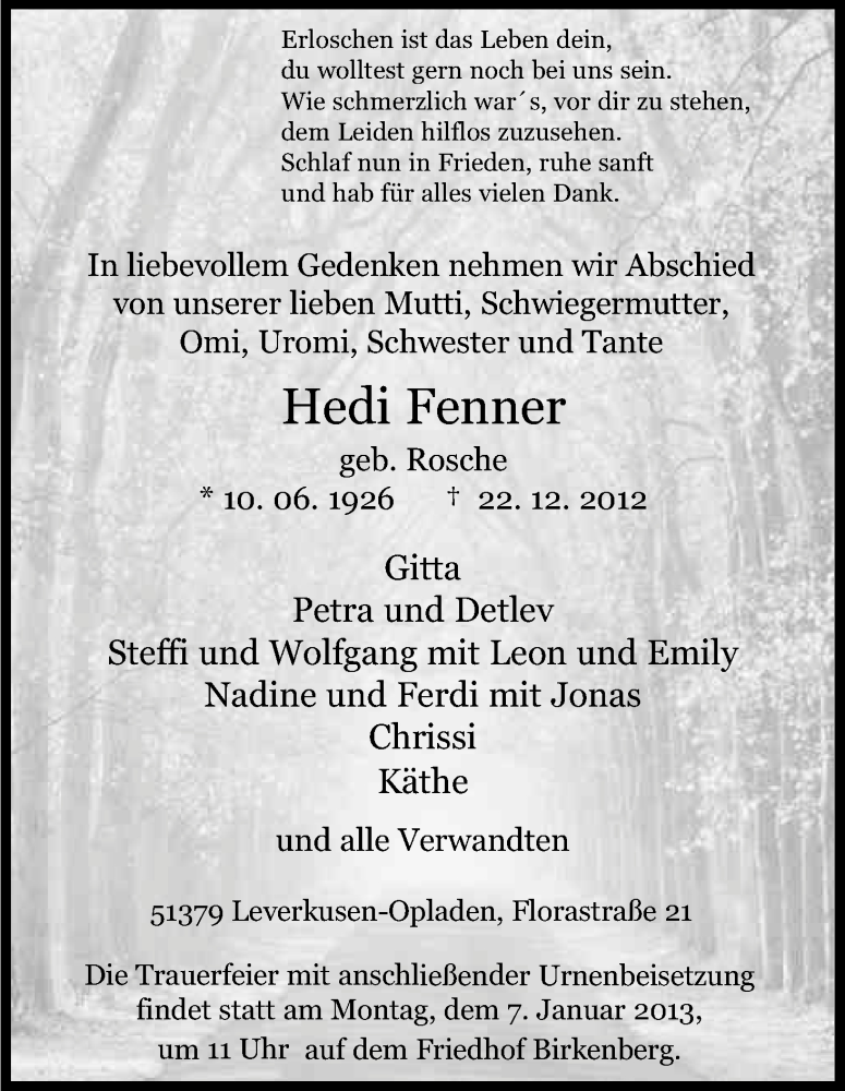  Traueranzeige für Hedi Fenner vom 03.01.2013 aus Kölner Stadt-Anzeiger / Kölnische Rundschau / Express