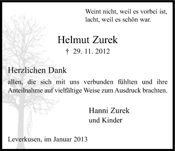 Anzeige von Helmut Zurek von Kölner Stadt-Anzeiger / Kölnische Rundschau / Express