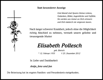 Anzeige von Elisabeth Pollesch von Kölner Stadt-Anzeiger / Kölnische Rundschau / Express
