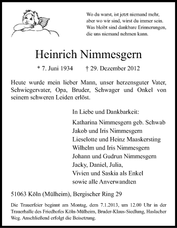 Anzeige von Heinrich Nimmesgern von Kölner Stadt-Anzeiger / Kölnische Rundschau / Express