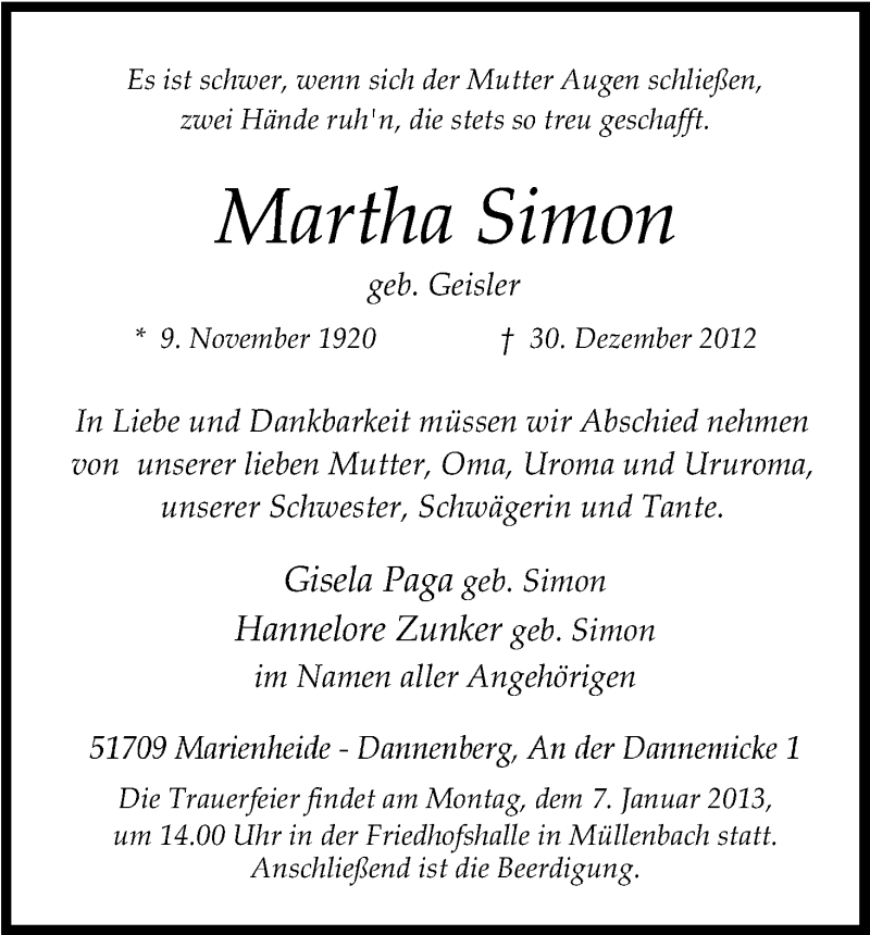  Traueranzeige für Martha Simon vom 03.01.2013 aus Kölner Stadt-Anzeiger / Kölnische Rundschau / Express