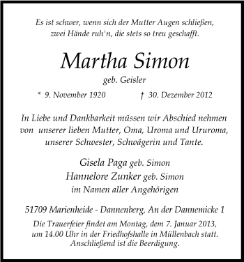 Anzeige von Martha Simon von Kölner Stadt-Anzeiger / Kölnische Rundschau / Express