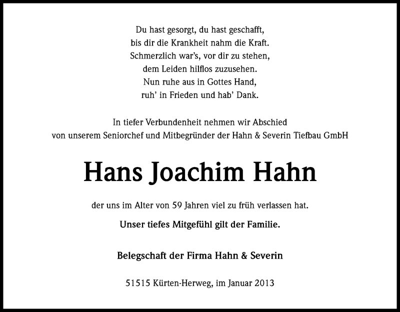  Traueranzeige für Hans Joachim Hahn vom 03.01.2013 aus Kölner Stadt-Anzeiger / Kölnische Rundschau / Express