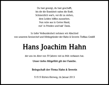 Anzeige von Hans Joachim Hahn von Kölner Stadt-Anzeiger / Kölnische Rundschau / Express