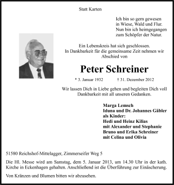 Anzeige von Peter Schreiner von Kölner Stadt-Anzeiger / Kölnische Rundschau / Express