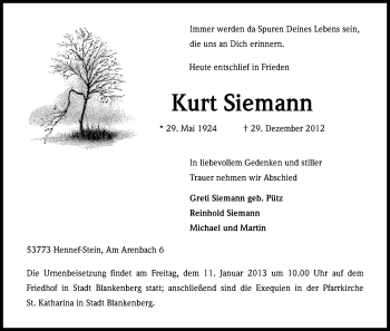 Anzeige von Kurt Siemann von Kölner Stadt-Anzeiger / Kölnische Rundschau / Express