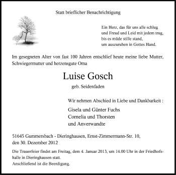 Anzeige von Luise Gosch von Kölner Stadt-Anzeiger / Kölnische Rundschau / Express