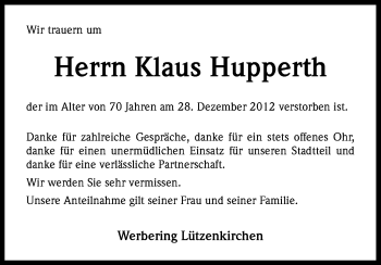 Anzeige von Klaus Hupperth von Kölner Stadt-Anzeiger / Kölnische Rundschau / Express