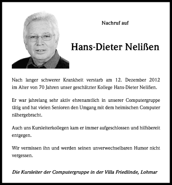 Anzeige von Hans-Dieter Nelißen von Kölner Stadt-Anzeiger / Kölnische Rundschau / Express