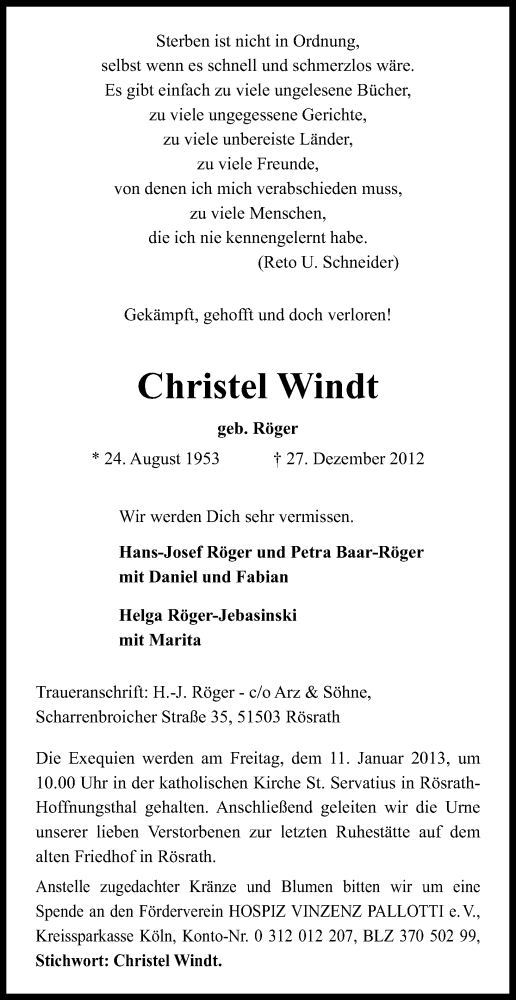  Traueranzeige für Christel Windt vom 05.01.2013 aus Kölner Stadt-Anzeiger / Kölnische Rundschau / Express