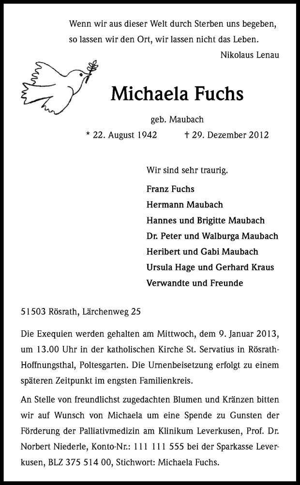  Traueranzeige für Michaela Fuchs vom 05.01.2013 aus Kölner Stadt-Anzeiger / Kölnische Rundschau / Express