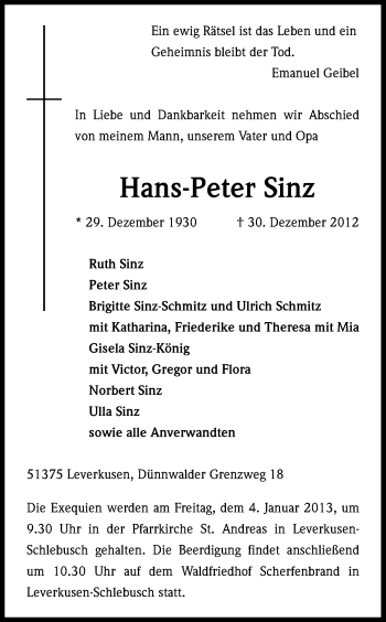 Anzeige von Hans-Peter Sinz von Kölner Stadt-Anzeiger / Kölnische Rundschau / Express