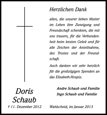 Anzeige von Doris Schaub von Kölner Stadt-Anzeiger / Kölnische Rundschau / Express