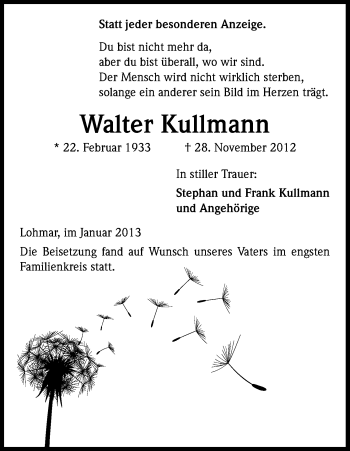 Anzeige von Walter Kullmann von Kölner Stadt-Anzeiger / Kölnische Rundschau / Express