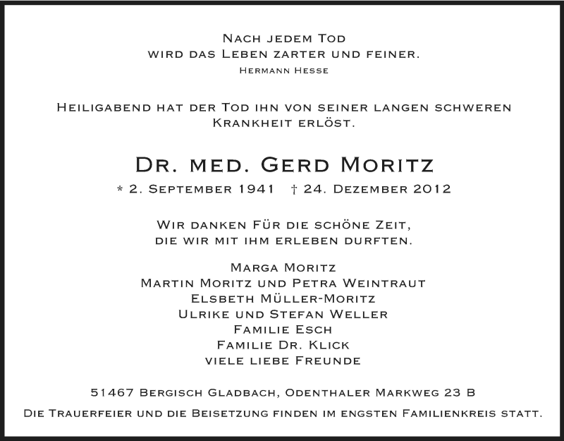  Traueranzeige für Gerd Moritz vom 05.01.2013 aus Kölner Stadt-Anzeiger / Kölnische Rundschau / Express