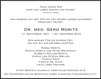 Anzeige von Gerd Moritz von Kölner Stadt-Anzeiger / Kölnische Rundschau / Express