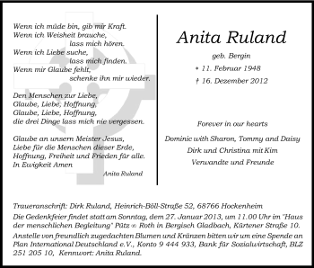 Anzeige von Anita Ruland von Kölner Stadt-Anzeiger / Kölnische Rundschau / Express