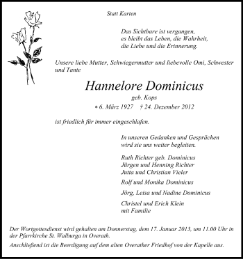 Anzeige von Hannelore Dominicus von Kölner Stadt-Anzeiger / Kölnische Rundschau / Express