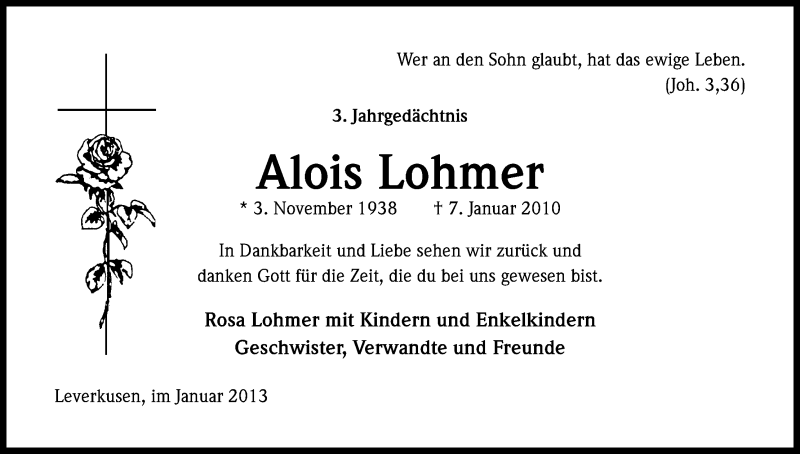  Traueranzeige für Alois Lohmer vom 07.01.2013 aus Kölner Stadt-Anzeiger / Kölnische Rundschau / Express