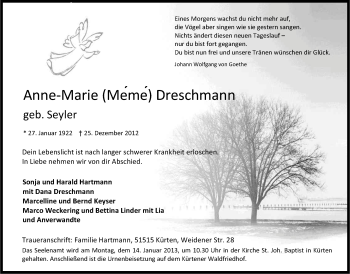 Anzeige von Anne-Marie Dreschmann von Kölner Stadt-Anzeiger / Kölnische Rundschau / Express