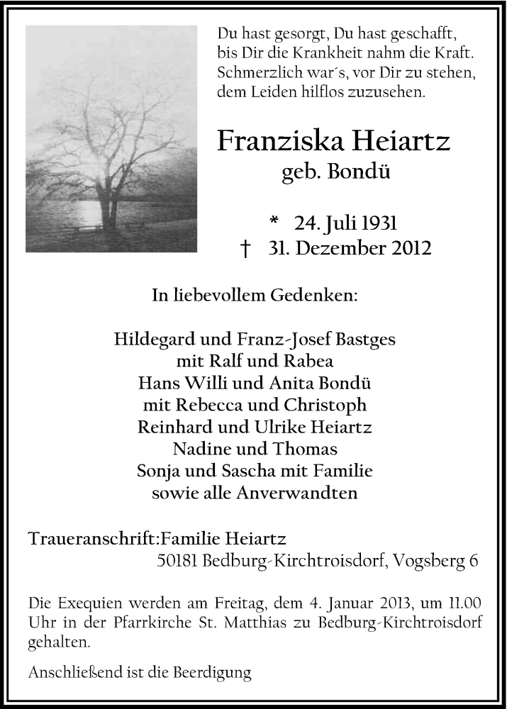  Traueranzeige für Franziska Heiartz vom 03.01.2013 aus Kölner Stadt-Anzeiger / Kölnische Rundschau / Express