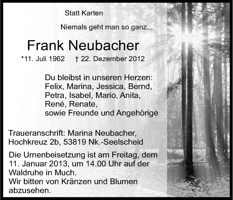  Traueranzeige für Frank Neubacher vom 05.01.2013 aus Kölner Stadt-Anzeiger / Kölnische Rundschau / Express