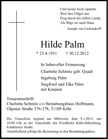 Anzeige von Hilde Palm von Kölner Stadt-Anzeiger / Kölnische Rundschau / Express