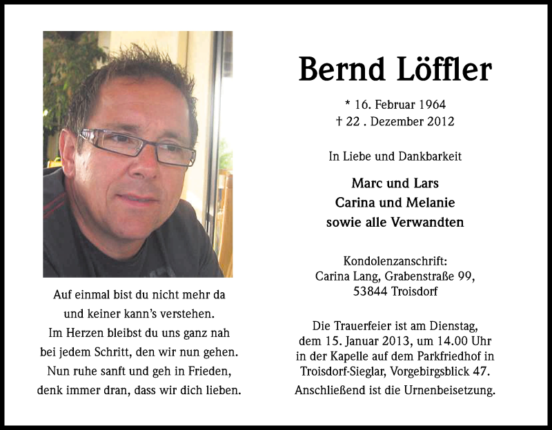  Traueranzeige für Bernd Löffler vom 05.01.2013 aus Kölner Stadt-Anzeiger / Kölnische Rundschau / Express